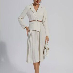 Dress Jacket Blazer Pleated Skirt Apricot SZ M/L Peak Label Belt Padded Shoulder